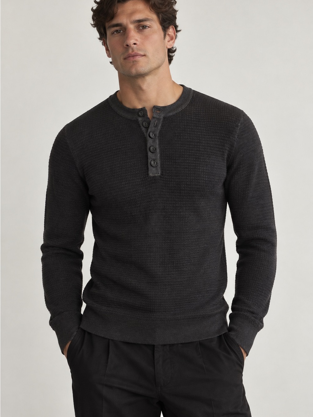 PATRICK ASSARAF MEN'S WAFFLE KNIT MERINO WOOL HENLEY CHARCOAL SWEATER MEDIUM